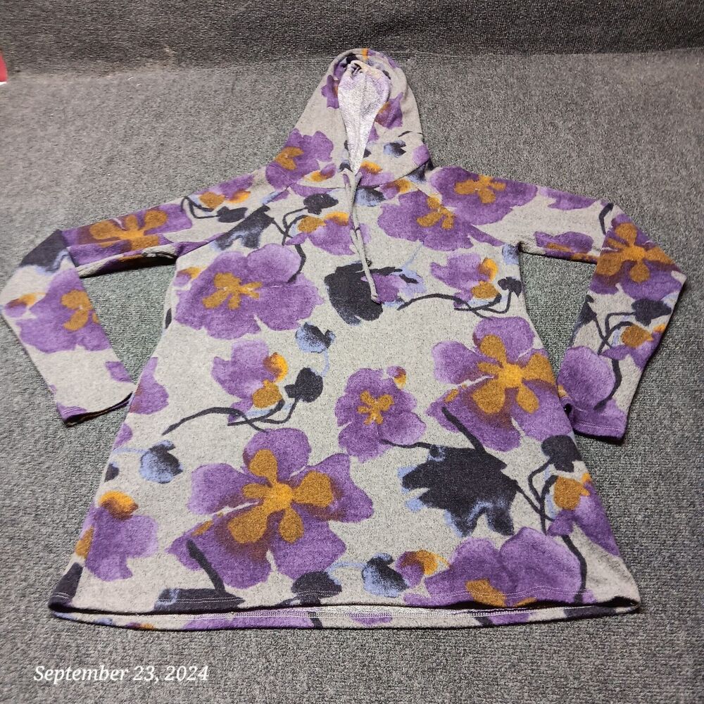 MTS Sweater Women Medium Purple Flower Print Hooded Long Fleece Pullover